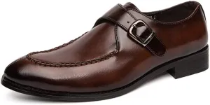 HOOENG Shoes Dress Oxford for Men Slip On Round Split Toe Monk Strap Faux Leather Block Heel Anti-Slip Low Top Rubber Sole Slip Resistant Walking (Color : Brown, Size : 8)