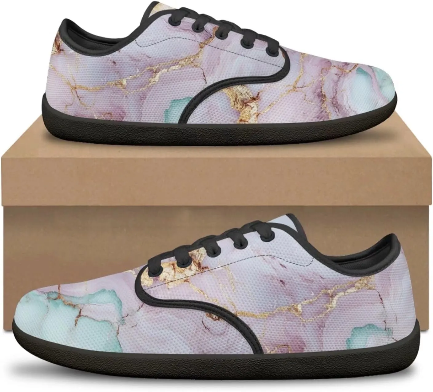 Howilath Marble Print Women Barefoot Shoes Lace-up Flat Shoes with Anti-Slip Sole Breathable Casual Sport Shoes