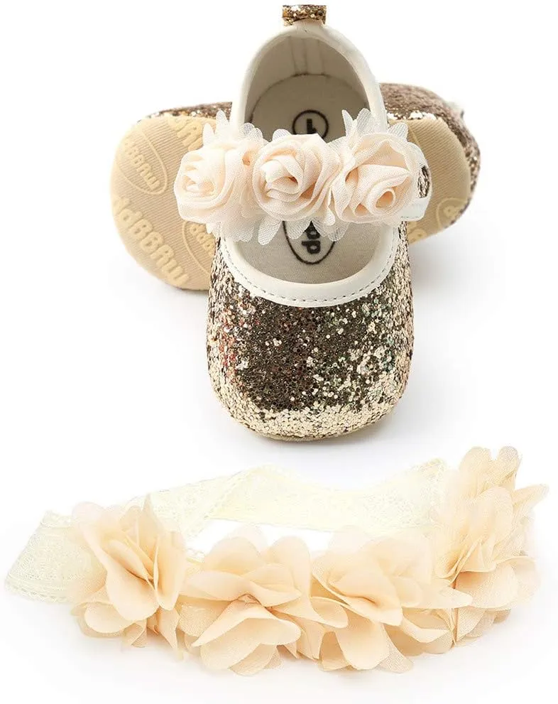 HsdsBebe 2pcs/Set Newborn Baby Girl Princess Mary Jane Shoes Toddler Infant Wedding Dress Flat Shoes with Free Headband