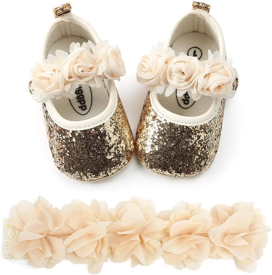 HsdsBebe 2pcs/Set Newborn Baby Girl Princess Mary Jane Shoes Toddler Infant Wedding Dress Flat Shoes with Free Headband