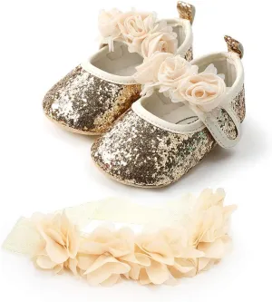 HsdsBebe 2pcs/Set Newborn Baby Girl Princess Mary Jane Shoes Toddler Infant Wedding Dress Flat Shoes with Free Headband