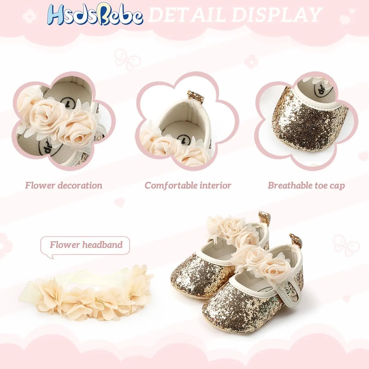 HsdsBebe 2pcs/Set Newborn Baby Girl Princess Mary Jane Shoes Toddler Infant Wedding Dress Flat Shoes with Free Headband