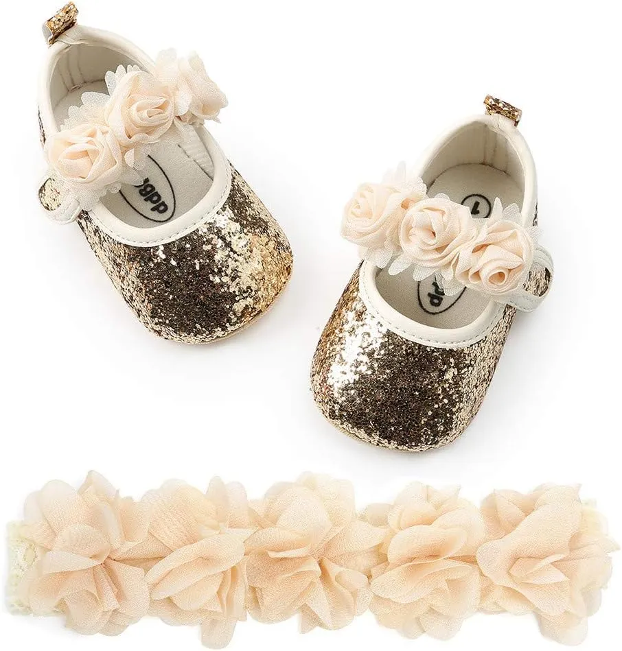 HsdsBebe 2pcs/Set Newborn Baby Girl Princess Mary Jane Shoes Toddler Infant Wedding Dress Flat Shoes with Free Headband