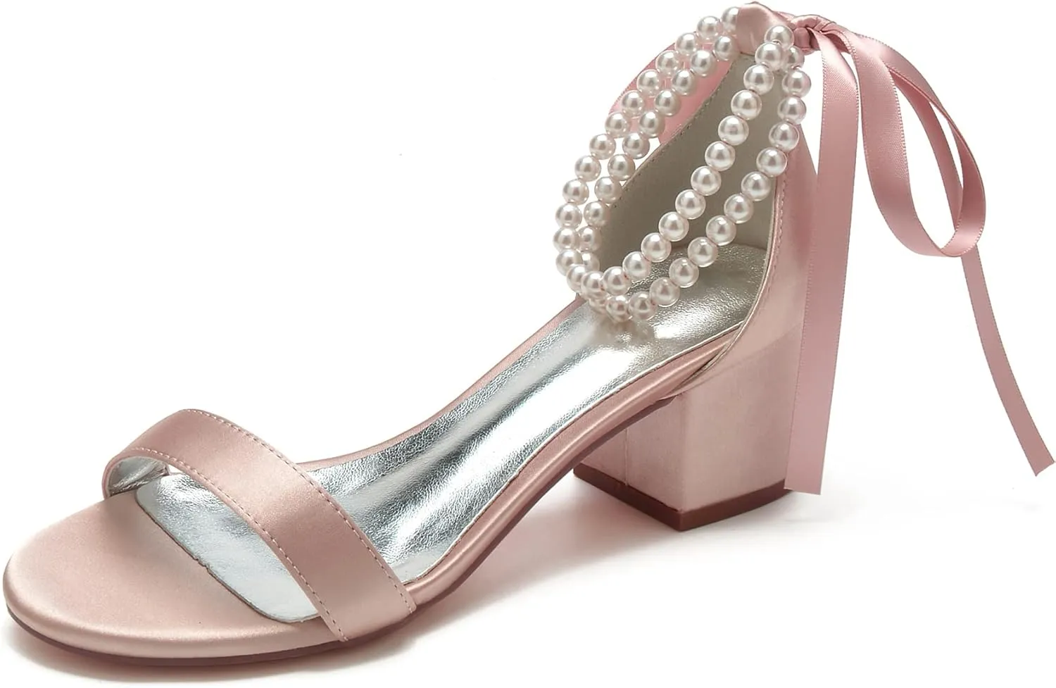 Hyinlays Women's Low Block Heel Wedding Shoes for Bride Open Toe Sandals Chunky Satin Pearl Prom Party Dress Shoes Comfortable Formal Pump Sandals
