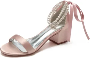 Hyinlays Women's Low Block Heel Wedding Shoes for Bride Open Toe Sandals Chunky Satin Pearl Prom Party Dress Shoes Comfortable Formal Pump Sandals