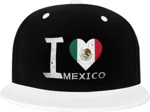 I Love Mexico - Heart Flag Color-Block Flat Brim Snapback Cap for Men & Women, Adjustable Hip-Hop Hat White