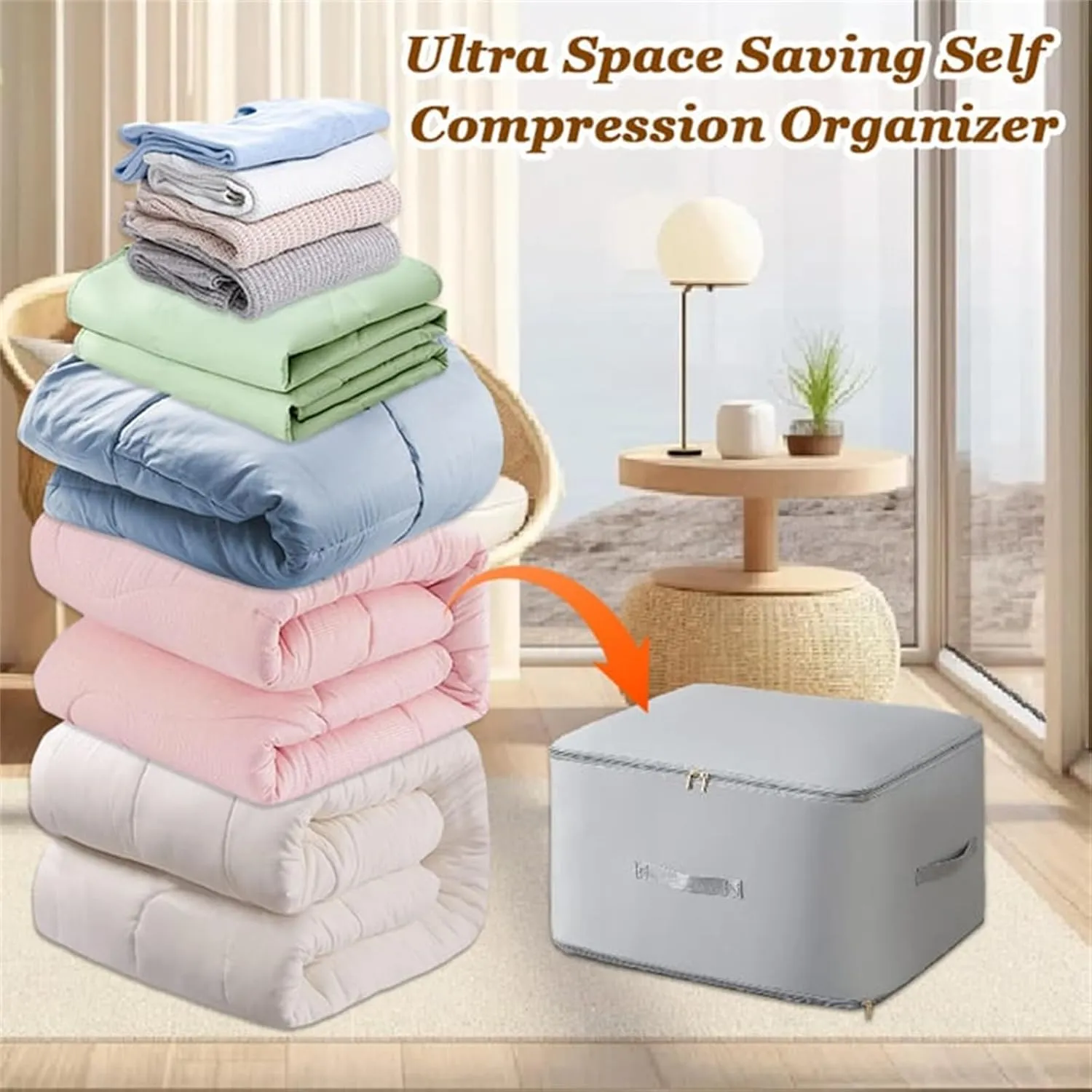 Implicationi Compression Organizer, Ultra Space Saving Self Compression Organizer, Heavy Duty Moving Bags for Comforters, Premium Comforter Storage Bag Packaging Cube (Pink, Large)