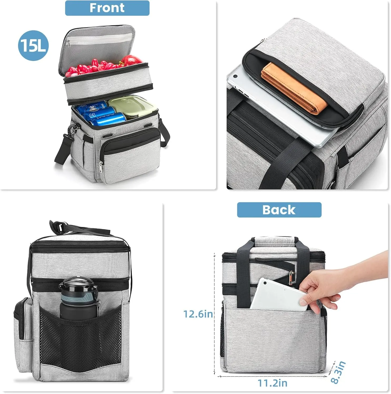 Insulated Lunch Bag & Lunch Box for Men - Double Deck Reusable Lunch Bag for Women Tote Cooler Bag Leakproof Soft Expandable - Large Lunchbox for Work/Adult/Picnic/Outdoor (Gray，15L)
