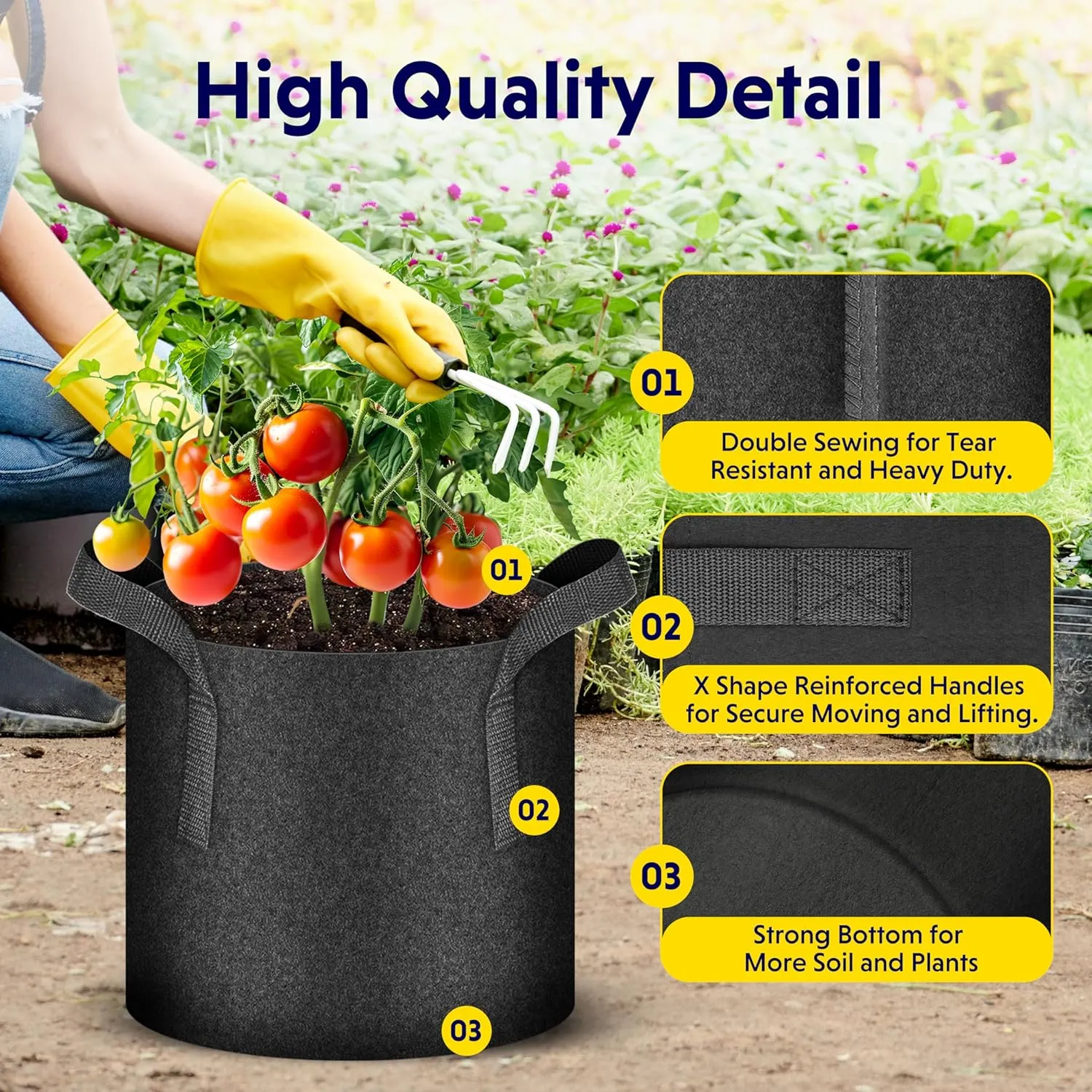 iPower 5-Pack 15 Gallon Plant Grow Bags Thickened Nonwoven Aeration Fabric Pots Heavy Duty Durable Container, Strap Handles for Garden, Black New