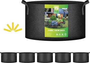 iPower 5-Pack 15 Gallon Plant Grow Bags Thickened Nonwoven Aeration Fabric Pots Heavy Duty Durable Container, Strap Handles for Garden, Black New