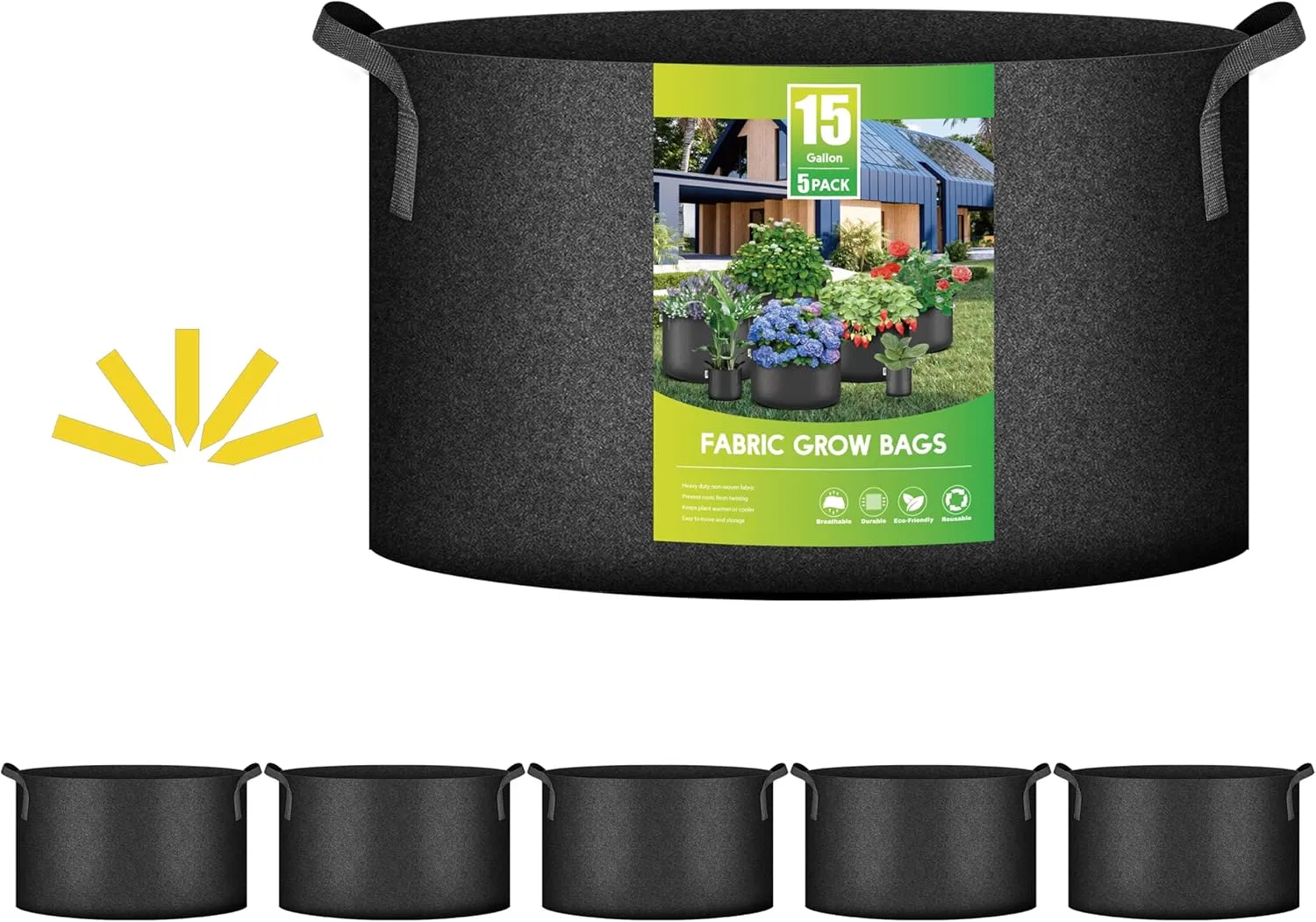 iPower 5-Pack 15 Gallon Plant Grow Bags Thickened Nonwoven Aeration Fabric Pots Heavy Duty Durable Container, Strap Handles for Garden, Black New
