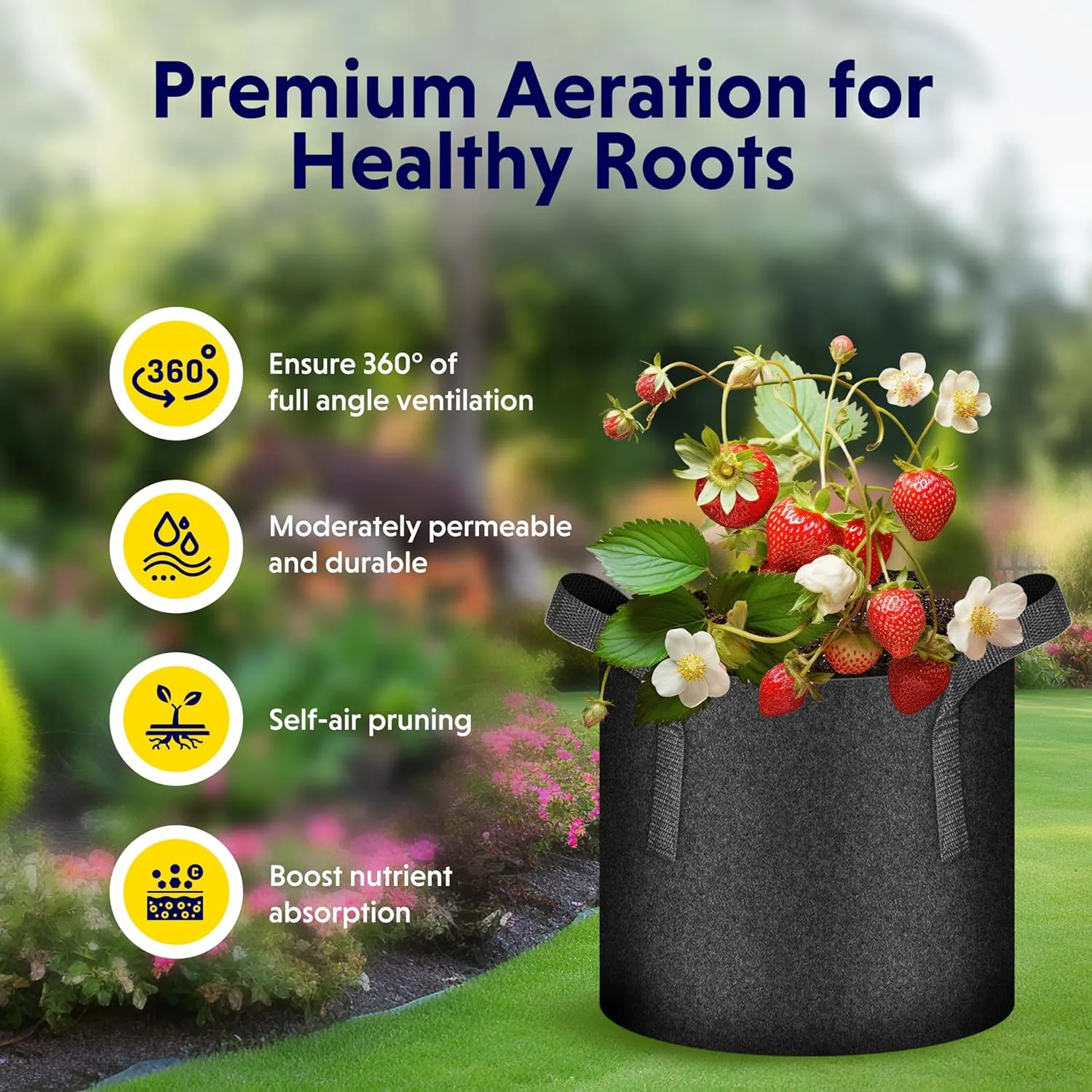 iPower 5-Pack 15 Gallon Plant Grow Bags Thickened Nonwoven Aeration Fabric Pots Heavy Duty Durable Container, Strap Handles for Garden, Black New