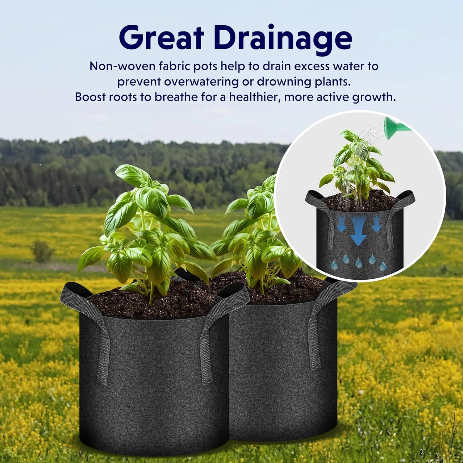 iPower 5-Pack 15 Gallon Plant Grow Bags Thickened Nonwoven Aeration Fabric Pots Heavy Duty Durable Container, Strap Handles for Garden, Black New