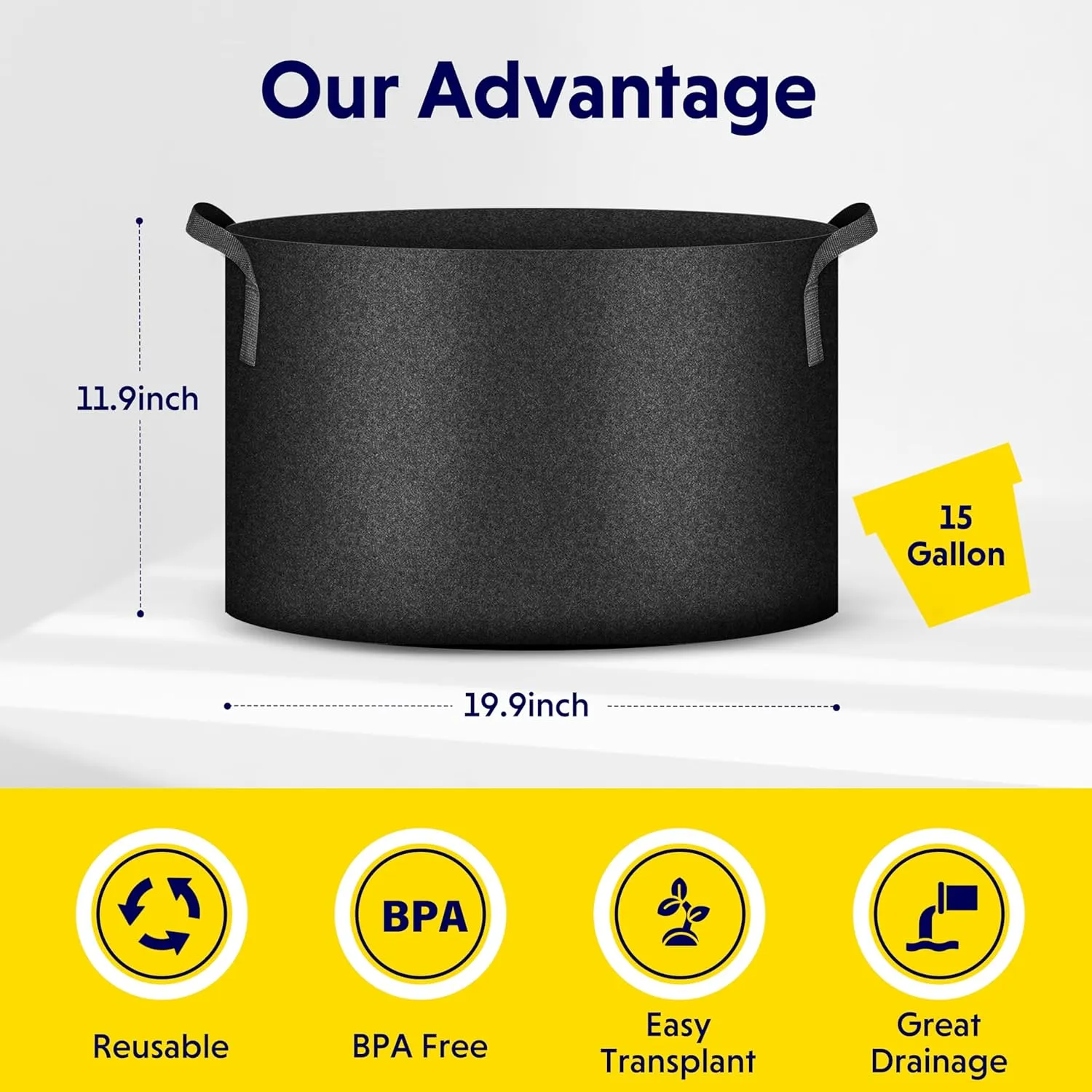 iPower 5-Pack 15 Gallon Plant Grow Bags Thickened Nonwoven Aeration Fabric Pots Heavy Duty Durable Container, Strap Handles for Garden, Black New