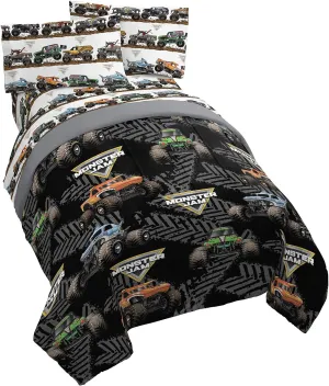Jay Franco Monster Jam Tracks 5 Piece Full Bed Set - Includes Comforter & Sheet Set - Bedding Features Grave Digger &,Megalodon - Super Soft Fade Resistant Microfiber (Official Monster Jam Product)