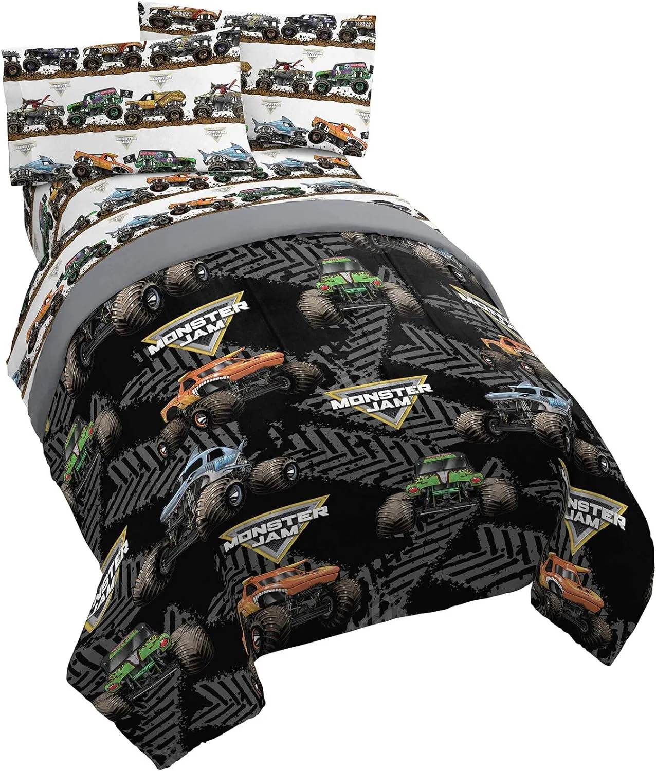 Jay Franco Monster Jam Tracks 5 Piece Full Bed Set - Includes Comforter & Sheet Set - Bedding Features Grave Digger &,Megalodon - Super Soft Fade Resistant Microfiber (Official Monster Jam Product)
