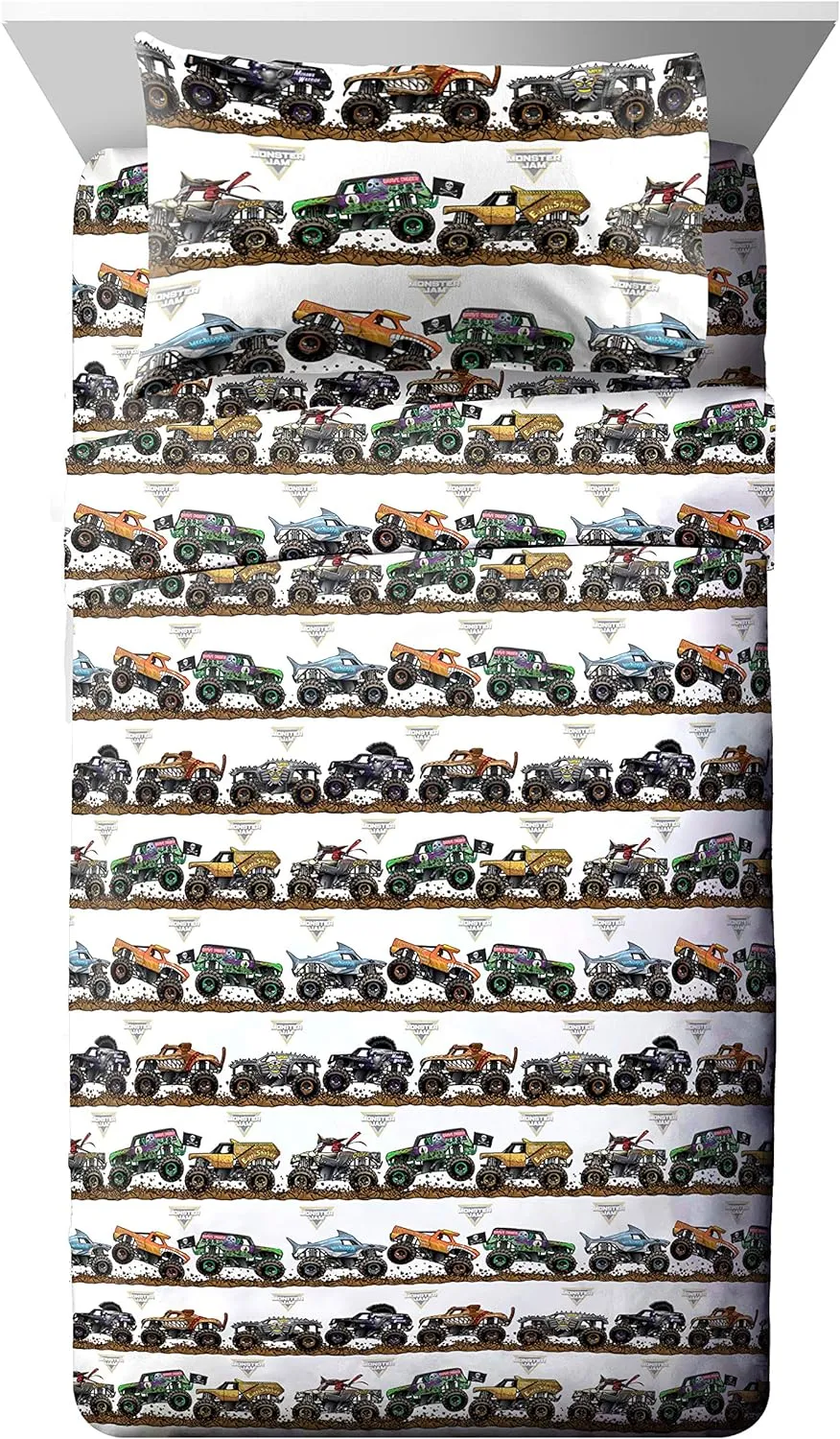 Jay Franco Monster Jam Tracks 5 Piece Full Bed Set - Includes Comforter & Sheet Set - Bedding Features Grave Digger &,Megalodon - Super Soft Fade Resistant Microfiber (Official Monster Jam Product)