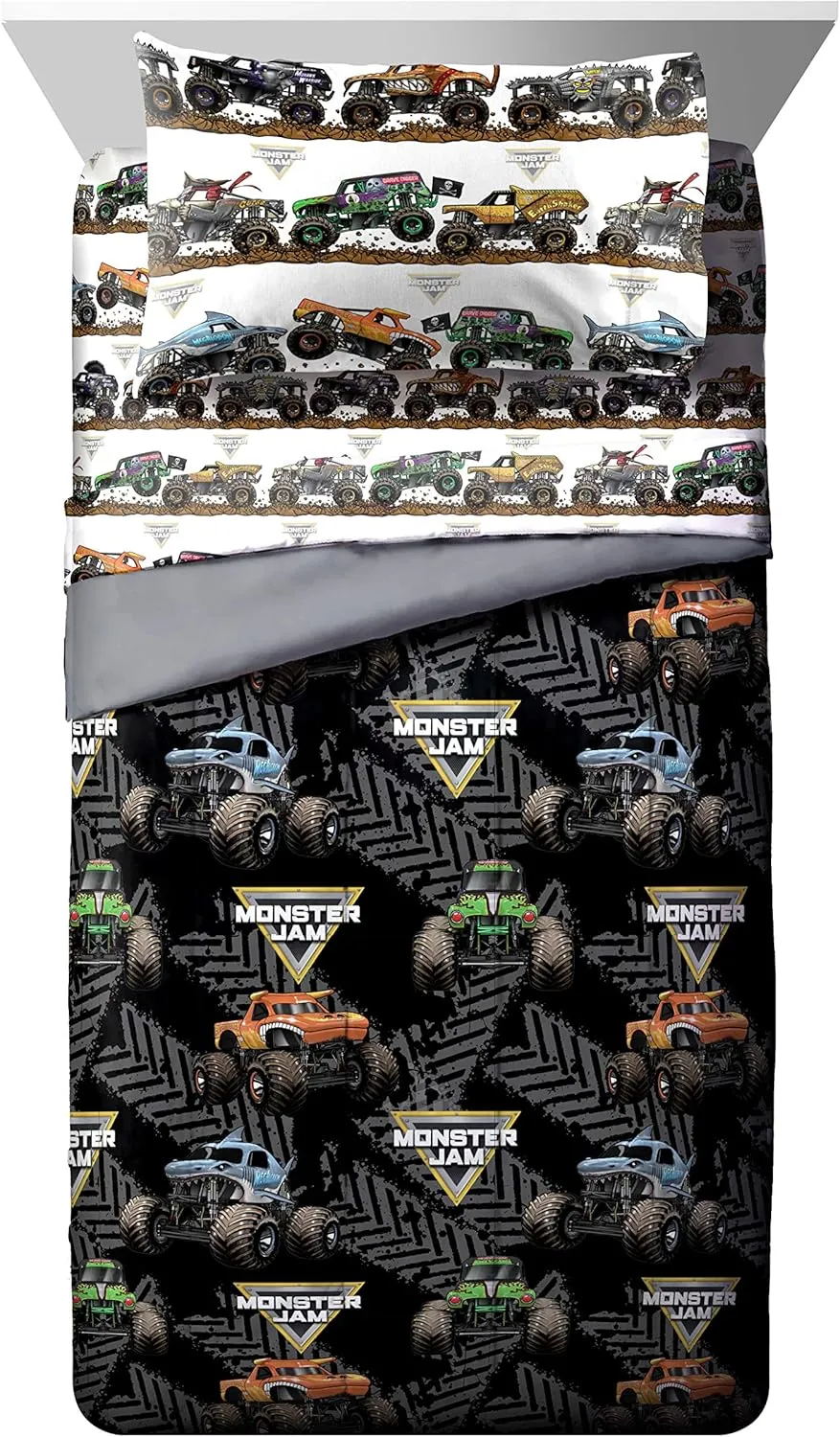 Jay Franco Monster Jam Tracks 5 Piece Full Bed Set - Includes Comforter & Sheet Set - Bedding Features Grave Digger &,Megalodon - Super Soft Fade Resistant Microfiber (Official Monster Jam Product)