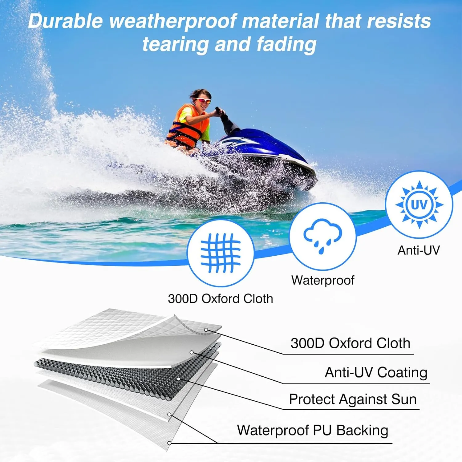 Jet Ski Cover, 115"-120" 1or 3-Seater Watercrafts, Compatible with Yamaha, Seadoo, Kawasaki, Jet Ski Covers UV-Resistant 300D Duty Oxford PU Waterproof