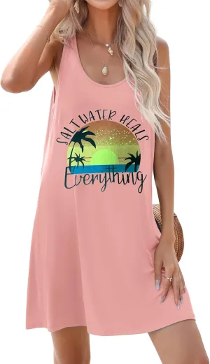 JiniGolla Womens Summer Beach Cover Up Dresses Loose Swimsuit Coverup Tank Sundress