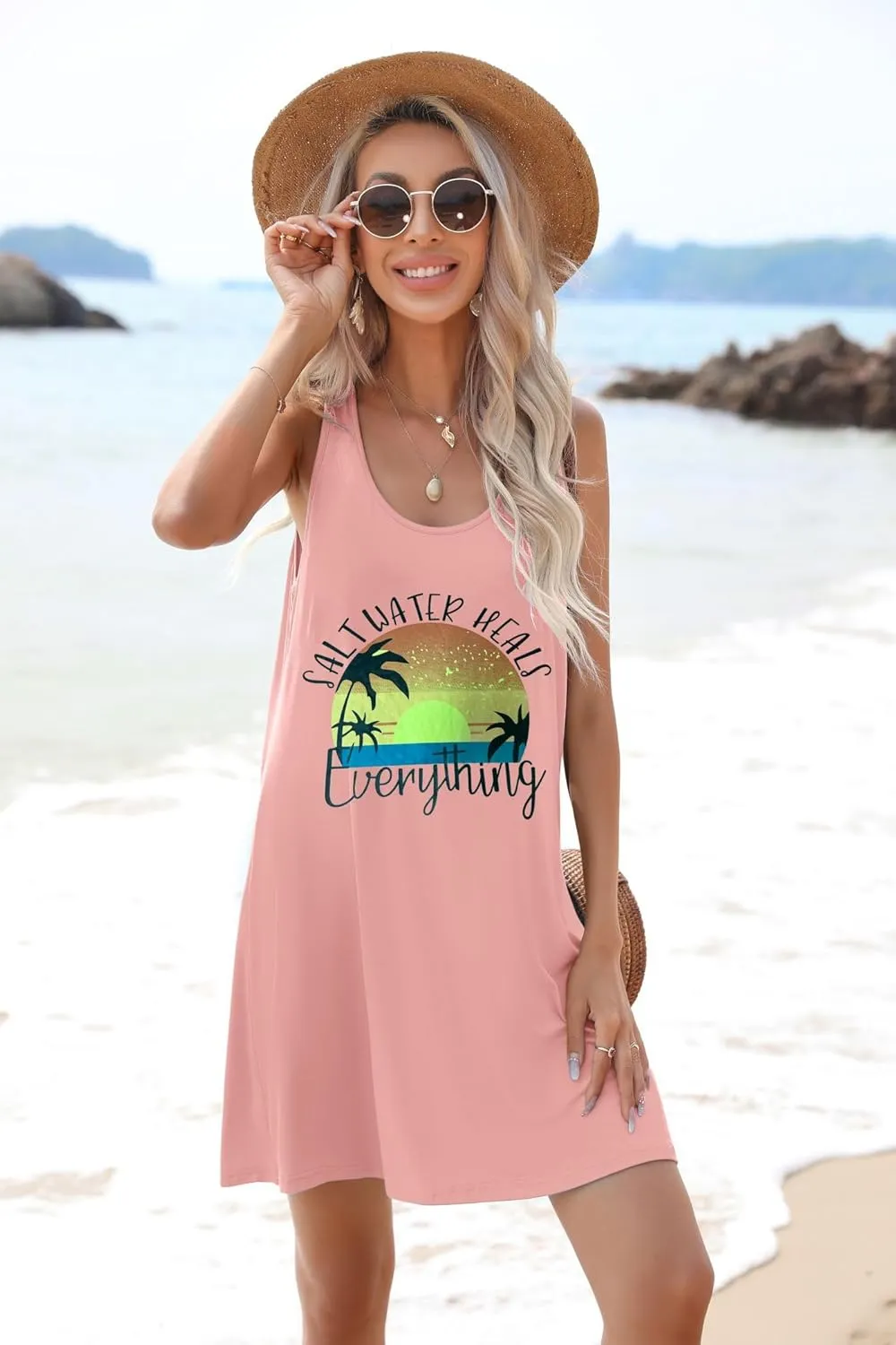 JiniGolla Womens Summer Beach Cover Up Dresses Loose Swimsuit Coverup Tank Sundress