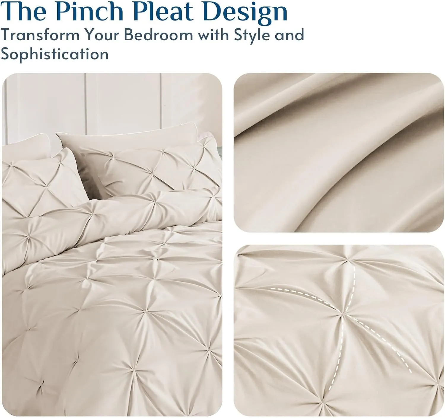 JOLLYVOGUE Queen Comforter Set 7 Pieces - Bed in a Bag Queen for All Season, Pintuck Bedding Comforter Sets with Comforter, Flat Sheet, Fitted Sheet and Pillowcases & Shams, Beige