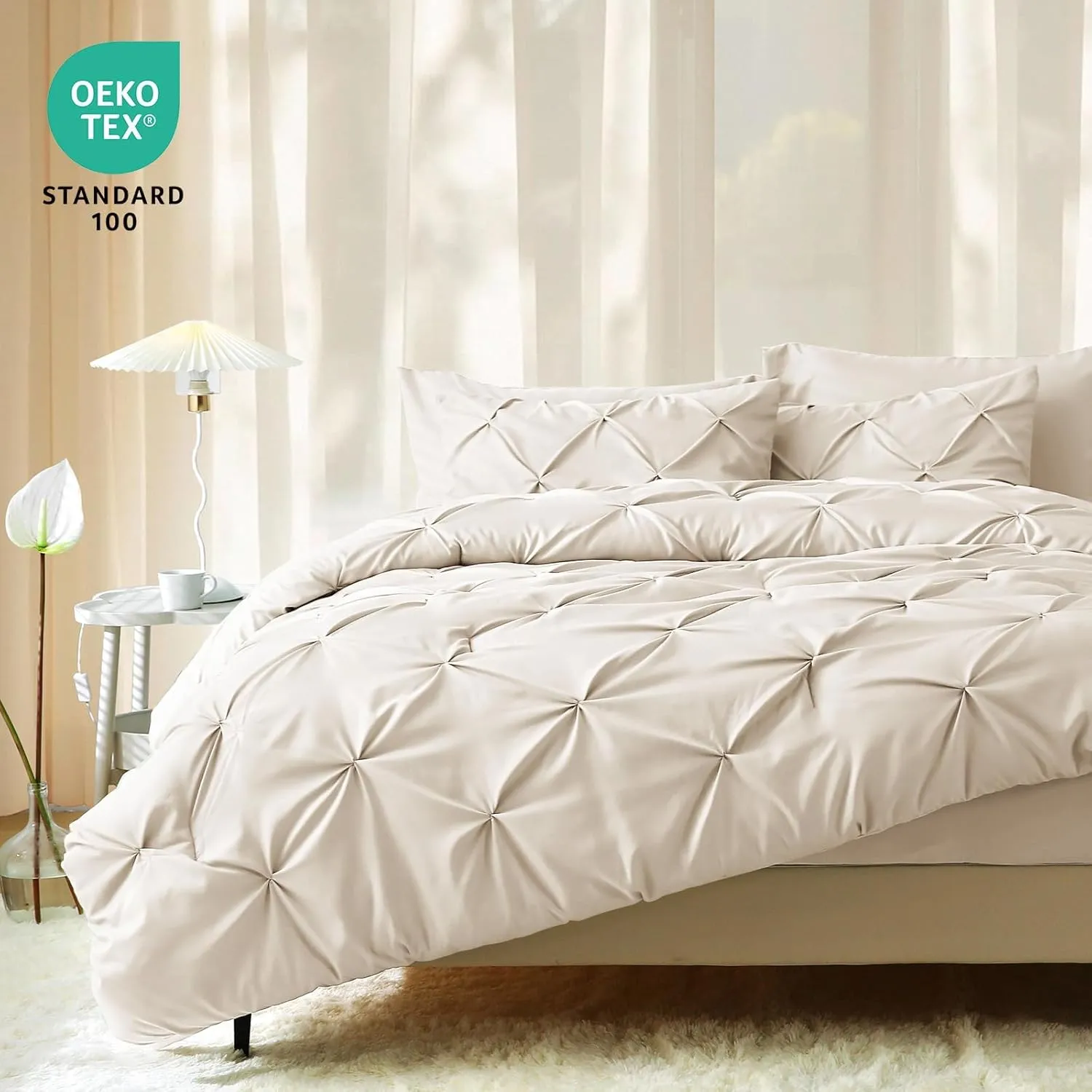 JOLLYVOGUE Queen Comforter Set 7 Pieces - Bed in a Bag Queen for All Season, Pintuck Bedding Comforter Sets with Comforter, Flat Sheet, Fitted Sheet and Pillowcases & Shams, Beige