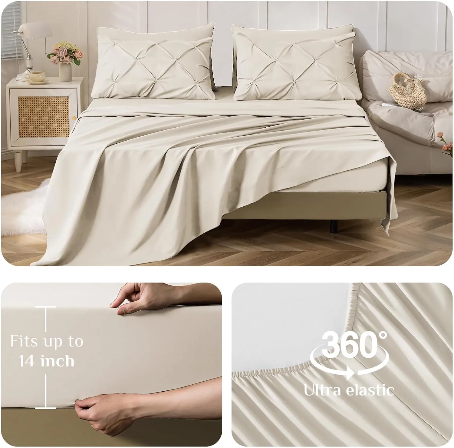 JOLLYVOGUE Queen Comforter Set 7 Pieces - Bed in a Bag Queen for All Season, Pintuck Bedding Comforter Sets with Comforter, Flat Sheet, Fitted Sheet and Pillowcases & Shams, Beige