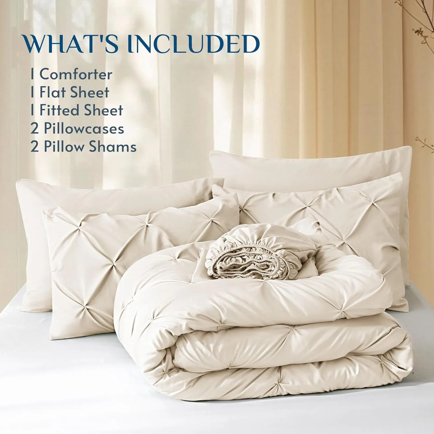 JOLLYVOGUE Queen Comforter Set 7 Pieces - Bed in a Bag Queen for All Season, Pintuck Bedding Comforter Sets with Comforter, Flat Sheet, Fitted Sheet and Pillowcases & Shams, Beige