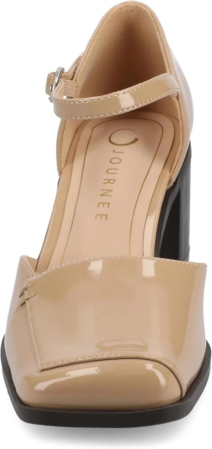 Journee Collection Womens Buckle Strap Open Square Toe Chunky Stacked Block Heel Evangeline Comfort Foam Pumps