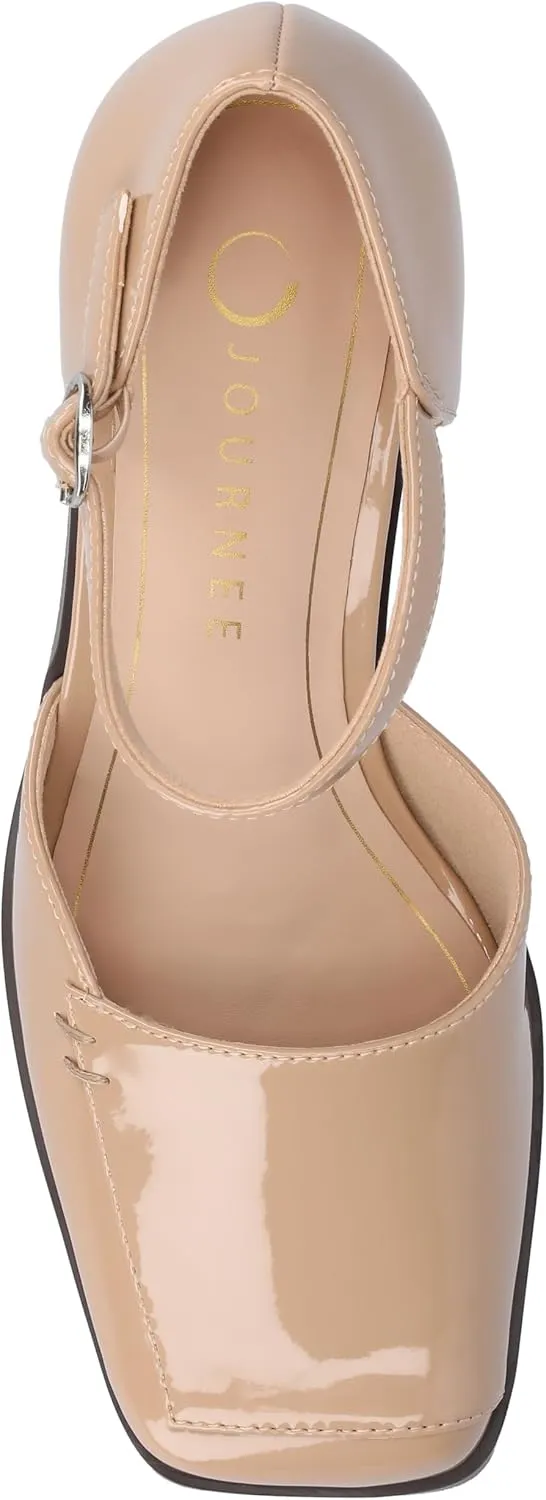 Journee Collection Womens Buckle Strap Open Square Toe Chunky Stacked Block Heel Evangeline Comfort Foam Pumps