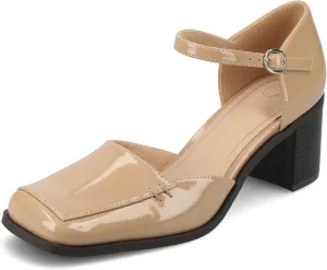 Journee Collection Womens Buckle Strap Open Square Toe Chunky Stacked Block Heel Evangeline Comfort Foam Pumps