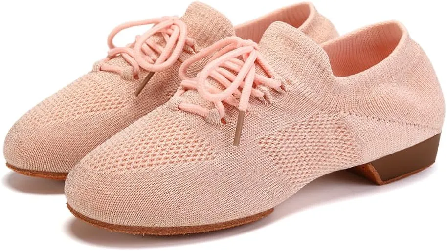 JUODVMP Women's Knits Dance Shoes Classical Lace-up Jazz Ballet Flats Casual Walking Sneakers