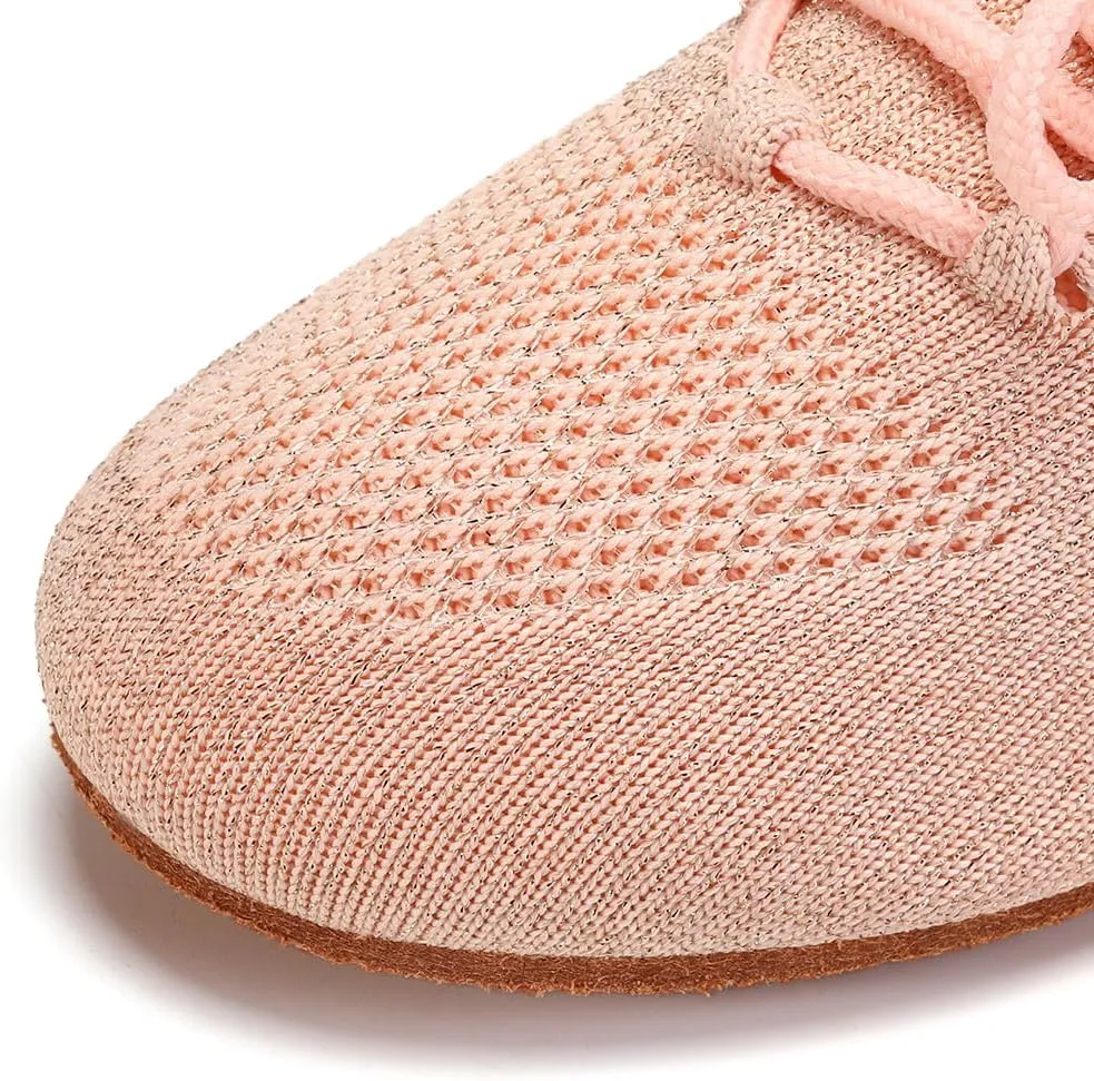 JUODVMP Women's Knits Dance Shoes Classical Lace-up Jazz Ballet Flats Casual Walking Sneakers