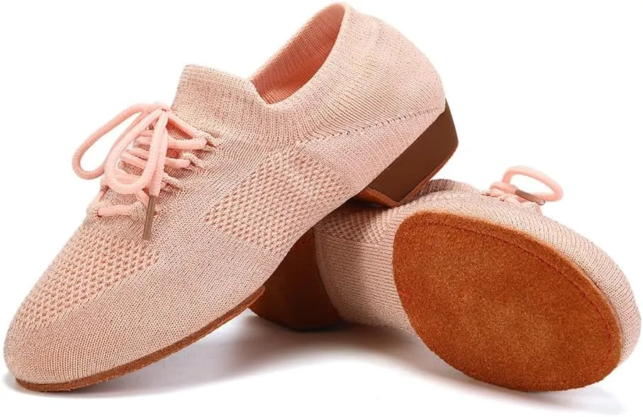 JUODVMP Women's Knits Dance Shoes Classical Lace-up Jazz Ballet Flats Casual Walking Sneakers