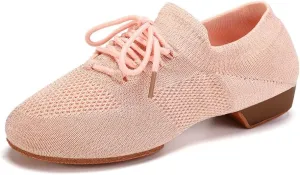 JUODVMP Women's Knits Dance Shoes Classical Lace-up Jazz Ballet Flats Casual Walking Sneakers