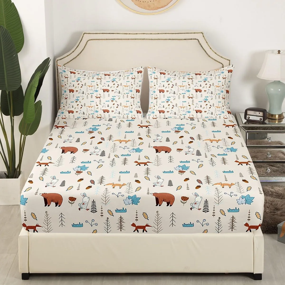 Kids Bear Fox Sheet Set Full Size Cartoon Rabbit Pine Trees Bedding Set 4Pcs,Girls Boys Teens Jungle Adventure Hunt Animals Bed Sheet Room Decor Rustic Beige Fitted   Flat Sheet,2 Pillowcases