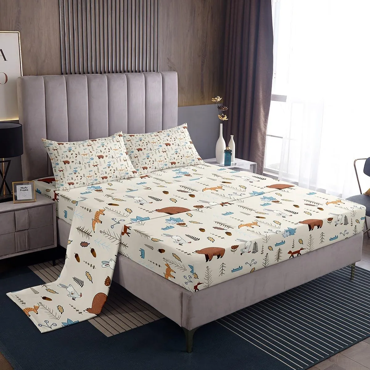 Kids Bear Fox Sheet Set Full Size Cartoon Rabbit Pine Trees Bedding Set 4Pcs,Girls Boys Teens Jungle Adventure Hunt Animals Bed Sheet Room Decor Rustic Beige Fitted   Flat Sheet,2 Pillowcases