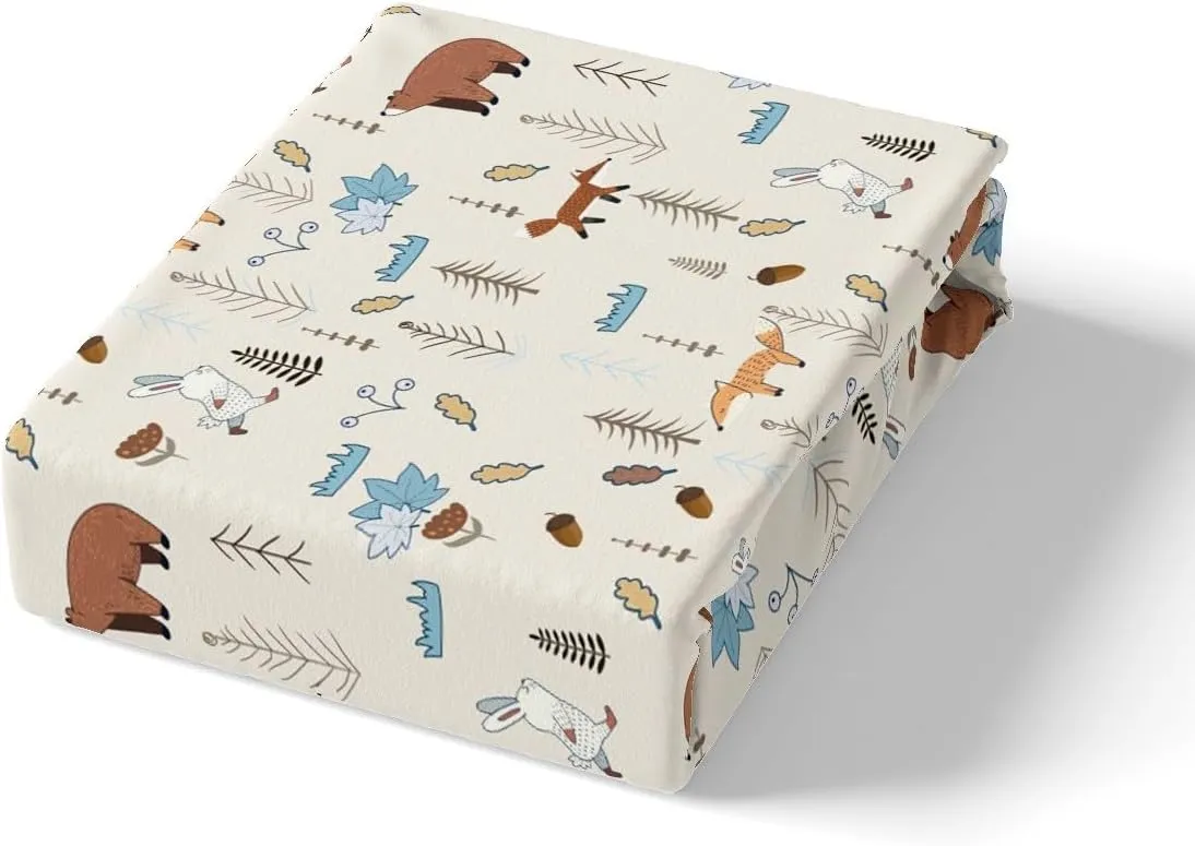 Kids Bear Fox Sheet Set Full Size Cartoon Rabbit Pine Trees Bedding Set 4Pcs,Girls Boys Teens Jungle Adventure Hunt Animals Bed Sheet Room Decor Rustic Beige Fitted   Flat Sheet,2 Pillowcases