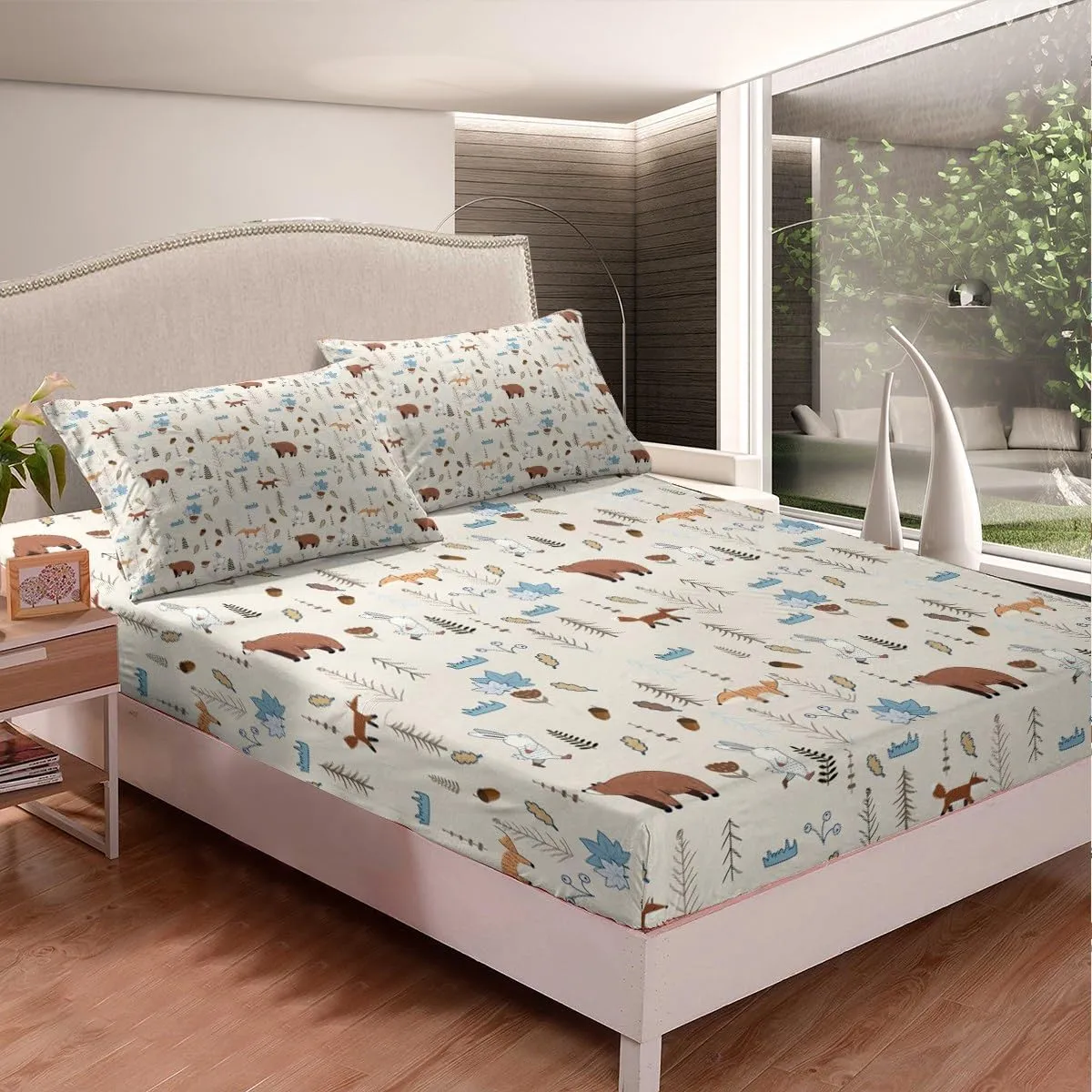 Kids Bear Fox Sheet Set Full Size Cartoon Rabbit Pine Trees Bedding Set 4Pcs,Girls Boys Teens Jungle Adventure Hunt Animals Bed Sheet Room Decor Rustic Beige Fitted   Flat Sheet,2 Pillowcases
