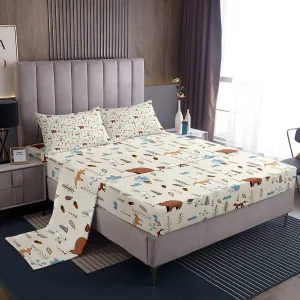 Kids Bear Fox Sheet Set Full Size Cartoon Rabbit Pine Trees Bedding Set 4Pcs,Girls Boys Teens Jungle Adventure Hunt Animals Bed Sheet Room Decor Rustic Beige Fitted   Flat Sheet,2 Pillowcases