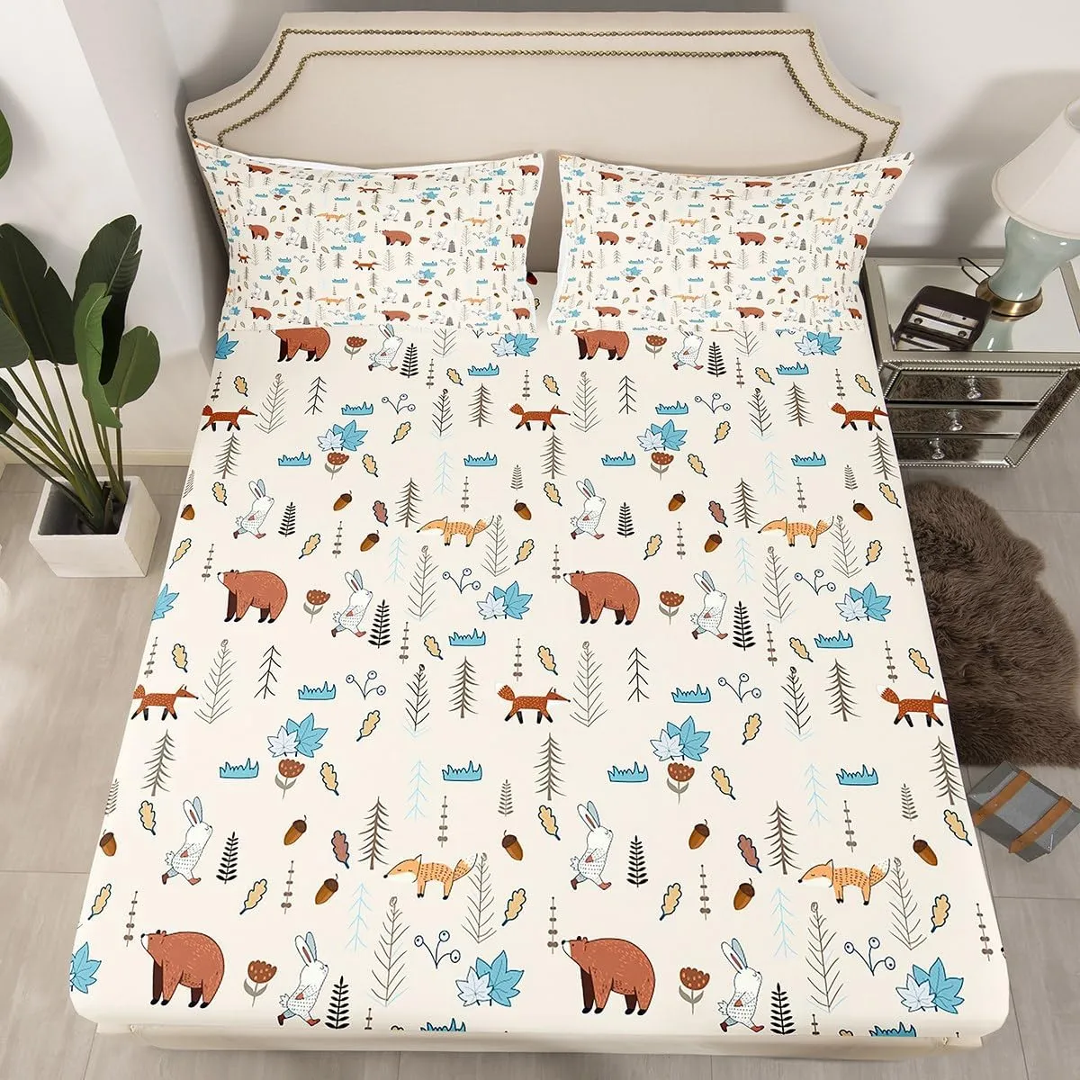 Kids Bear Fox Sheet Set Full Size Cartoon Rabbit Pine Trees Bedding Set 4Pcs,Girls Boys Teens Jungle Adventure Hunt Animals Bed Sheet Room Decor Rustic Beige Fitted   Flat Sheet,2 Pillowcases
