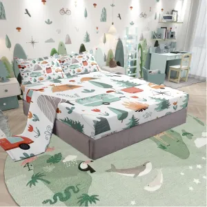 Kids Camper Theme Bed Sheets Set Twin 3Pcs, Happy Camping Bedding Set, Travel Car Rv Accessories Sheets, Botanical Flowers Mountain Adventure Top Sheet, Cute Camper Flat Fitted Sheet Bedroom Decor