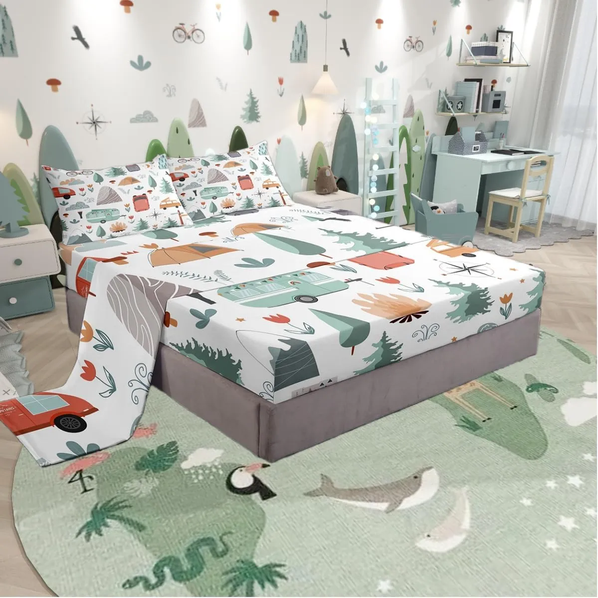 Kids Camper Theme Bed Sheets Set Twin 3Pcs, Happy Camping Bedding Set, Travel Car Rv Accessories Sheets, Botanical Flowers Mountain Adventure Top Sheet, Cute Camper Flat Fitted Sheet Bedroom Decor