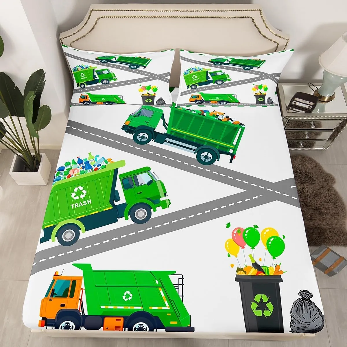 Kids Garbage Trucks King Bed Sheets Set Cartoon Trash Car Sheets Recycling Trash Truck Sheet Set for Boys Girls Kids Youth Waste Management Vehicle Bed Set, 1 Fitted Sheet 1 Flat Sheet 2 Pillowcases