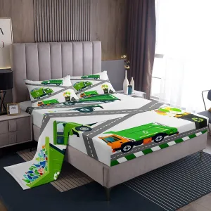 Kids Garbage Trucks King Bed Sheets Set Cartoon Trash Car Sheets Recycling Trash Truck Sheet Set for Boys Girls Kids Youth Waste Management Vehicle Bed Set, 1 Fitted Sheet 1 Flat Sheet 2 Pillowcases