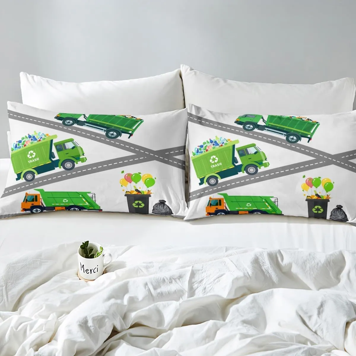 Kids Garbage Trucks King Bed Sheets Set Cartoon Trash Car Sheets Recycling Trash Truck Sheet Set for Boys Girls Kids Youth Waste Management Vehicle Bed Set, 1 Fitted Sheet 1 Flat Sheet 2 Pillowcases