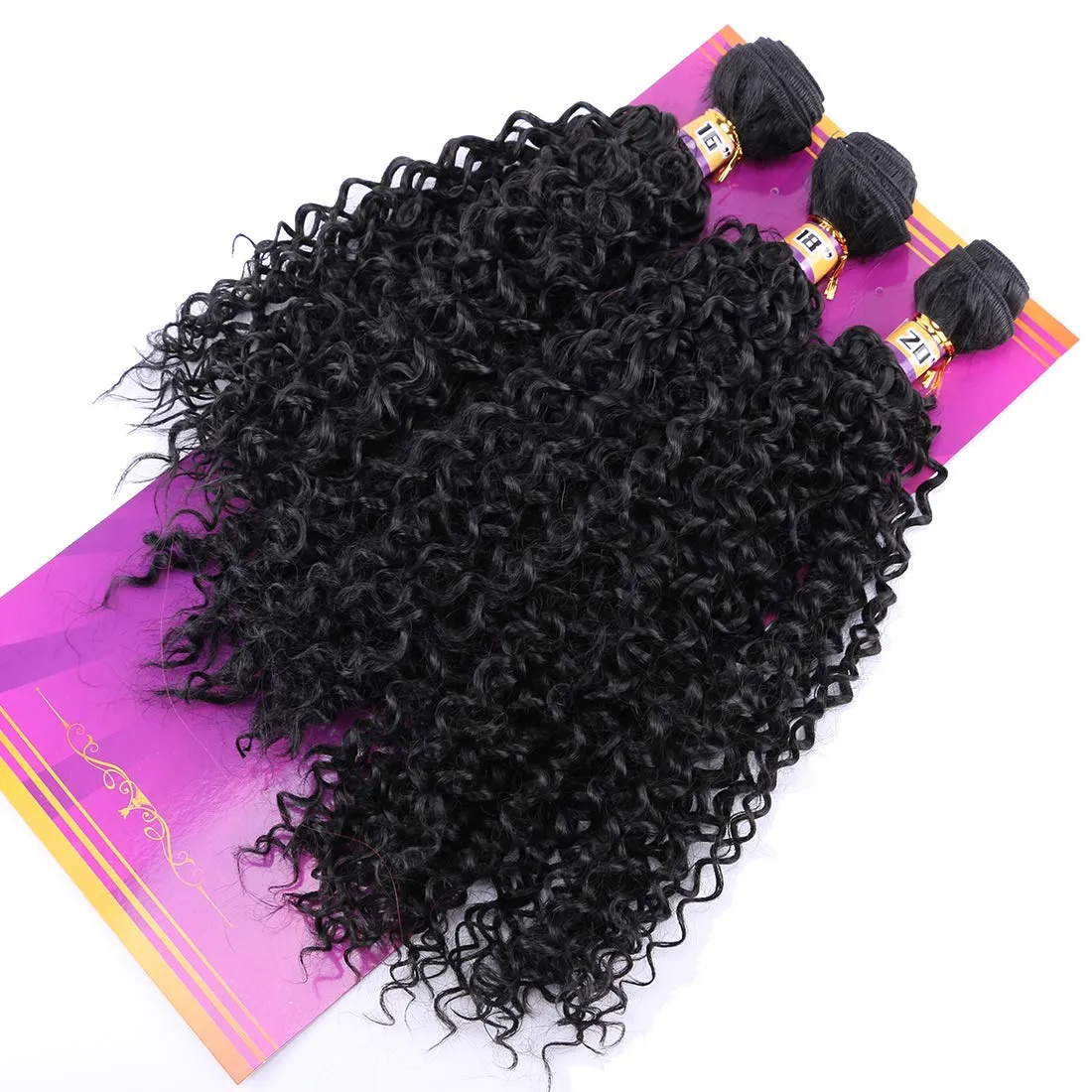 Kinky Curly Synthetic Hair Weave 3 Bundles 16 18 20 Inches Black Synthetic Hair Weft Extensions High Temperature Heat Resistant Fiber