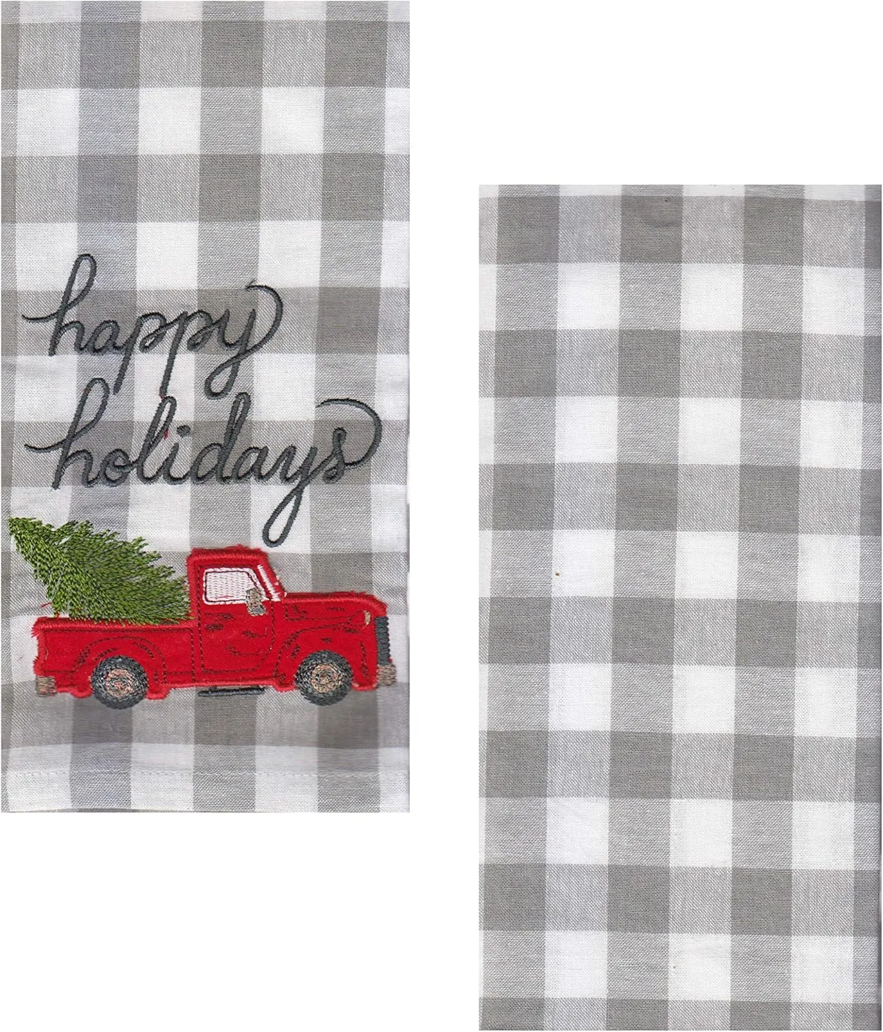 Kitchen Hand Towels, Set of 2, Happy Holidays Appliqued Embroidery Red Truck Grey and White Buffalo Plaid Flat Cotton Dishtowels for Home Decorating, 16.5 x 25 Inches