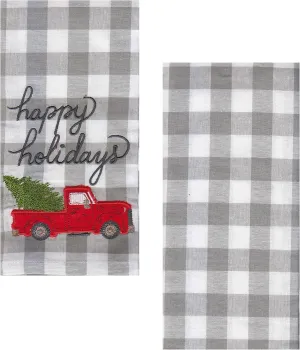 Kitchen Hand Towels, Set of 2, Happy Holidays Appliqued Embroidery Red Truck Grey and White Buffalo Plaid Flat Cotton Dishtowels for Home Decorating, 16.5 x 25 Inches